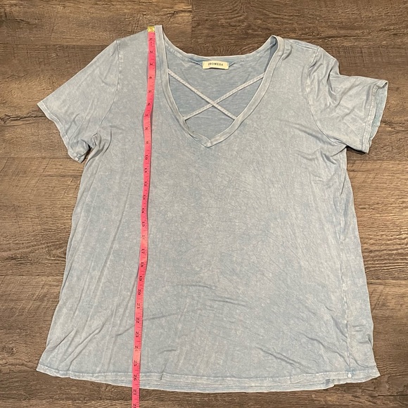 Blue Acid Wash Criss Cross V Neck T Shirt Blouse - Picture 6 of 9